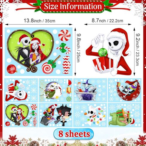 Christmas Window Clings 9 Styles, Nightmare Christmas Window Decorations Removable Stickers, Snowflakes Window Clings Cartoon Window Decals for Xmas Holiday Home Decor 8 Sheets in Kuwait