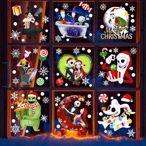 Christmas Window Clings 9 Styles, Nightmare Christmas Window Decorations Removable Stickers, Snowflakes Window Clings Cartoon Window Decals for Xmas Holiday Home Decor 8 Sheets in Kuwait