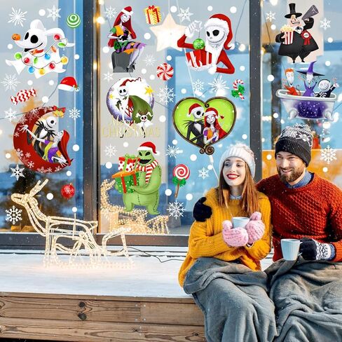 Christmas Window Clings 9 Styles, Nightmare Christmas Window Decorations Removable Stickers, Snowflakes Window Clings Cartoon Window Decals for Xmas Holiday Home Decor 8 Sheets in Kuwait