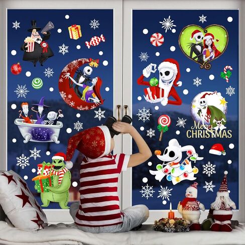Christmas Window Clings 9 Styles, Nightmare Christmas Window Decorations Removable Stickers, Snowflakes Window Clings Cartoon Window Decals for Xmas Holiday Home Decor 8 Sheets in Kuwait