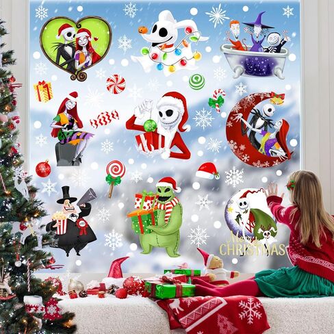 Christmas Window Clings 9 Styles, Nightmare Christmas Window Decorations Removable Stickers, Snowflakes Window Clings Cartoon Window Decals for Xmas Holiday Home Decor 8 Sheets in Kuwait