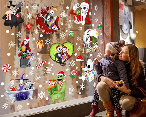 Christmas Window Clings 9 Styles, Nightmare Christmas Window Decorations Removable Stickers, Snowflakes Window Clings Cartoon Window Decals for Xmas Holiday Home Decor 8 Sheets in Kuwait