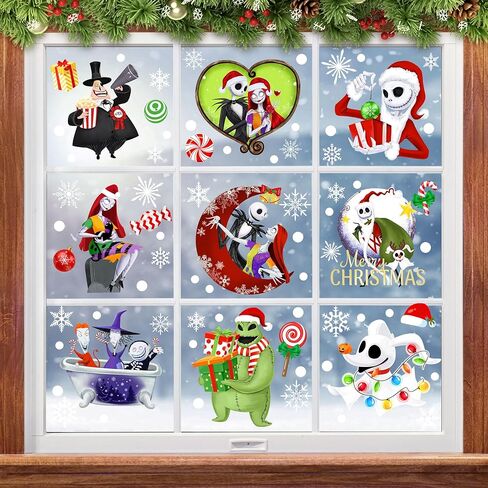 Christmas Window Clings 9 Styles, Nightmare Christmas Window Decorations Removable Stickers, Snowflakes Window Clings Cartoon Window Decals for Xmas Holiday Home Decor 8 Sheets in Kuwait