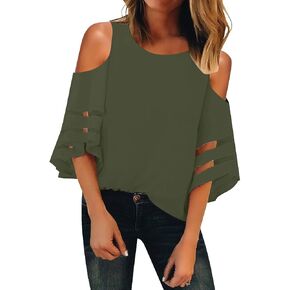 LookbookStore Women's Cold Shoulder Loose Shirt Tops 3/4 Bell Mesh Sleeve Blouse in Saudi Arabia