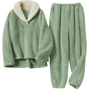 Hooever Women's Fluzzy Sherpa Fleece Pajamas Warm Pullover Lapel Sleepwear Sets