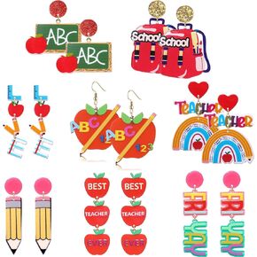 6/8 Pairs Teacher Earrings Acrylic Rainbow Pencil Book Drop Dangle Earrings Colorful Math Teacher Earrings Back To School Jewelry Teacher Appreciation Gifts in Saudi Arabia