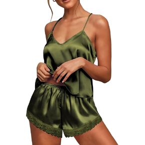Ekouaer Satin Pajamas Women Lace Sleepwear Lingerie Cami Shorts Set Nightwear XS-XXL