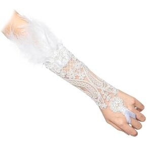 Bmirth Feather Black Gloves Fingerless Long Gloves Gold Rhinestone Floral Lace Gloves Arm Sleeves Nightclub Party 1PCS