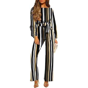 Women's Long Sleeve formal Jumpsuits Crew Neck Loose Fit Belted Wide Leg Rompers