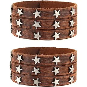 NIGHTCRUZ Star Stud Leather Bracelet, 2 PCS Multiply Pentagram Leather Wristband, Rock and Roll bracelet