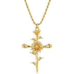 LADYGD Cross Necklace for Women 14K Gold Plated Birth Flower Necklaces Rope Cross Pendant Fashion Jewelry Birthday Gifts for Girls 12 Month