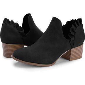Fashare Womens Fall Cutout Booties Ankle Heels Low Stacked Ruffle Slip On Dress Short Boots Shoes