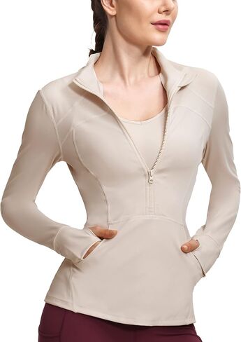 Hiverlay Deep Half Zip Pullover Track Jacket for Women Long Sleeve Athletic Define with Thumbholes Lightweight Running in Kuwait