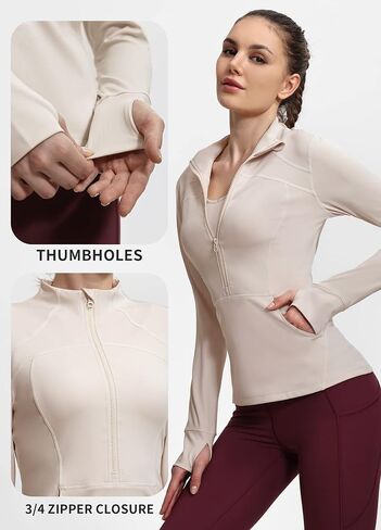 Hiverlay Deep Half Zip Pullover Track Jacket for Women Long Sleeve Athletic Define with Thumbholes Lightweight Running in Kuwait