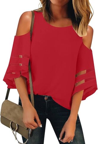 LookbookStore Women's Cold Shoulder Loose Shirt Tops 3/4 Bell Mesh Sleeve Blouse in Saudi Arabia