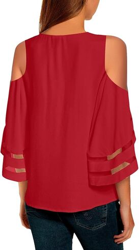 LookbookStore Women's Cold Shoulder Loose Shirt Tops 3/4 Bell Mesh Sleeve Blouse in Saudi Arabia