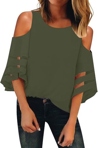 LookbookStore Women's Cold Shoulder Loose Shirt Tops 3/4 Bell Mesh Sleeve Blouse in Kuwait