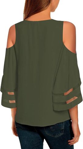 LookbookStore Women's Cold Shoulder Loose Shirt Tops 3/4 Bell Mesh Sleeve Blouse in Kuwait