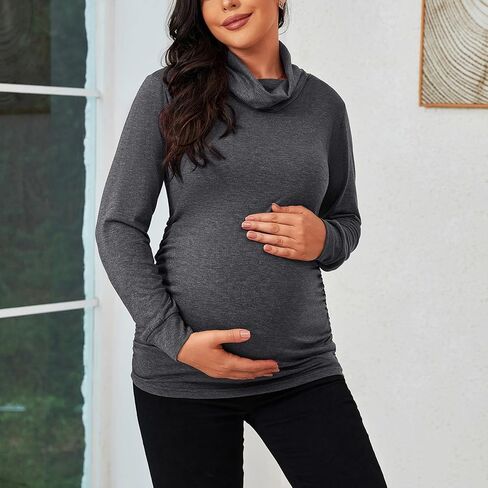 GINKANA ملابس الأمومة طويلة الأكمام الياقة المدورة مريحة عالية الرقبة عادية الأمومة البلوز الخريف الحمل قمصان بلوزة الملابس in Kuwait