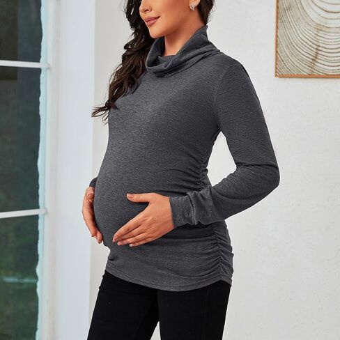 GINKANA ملابس الأمومة طويلة الأكمام الياقة المدورة مريحة عالية الرقبة عادية الأمومة البلوز الخريف الحمل قمصان بلوزة الملابس in Kuwait