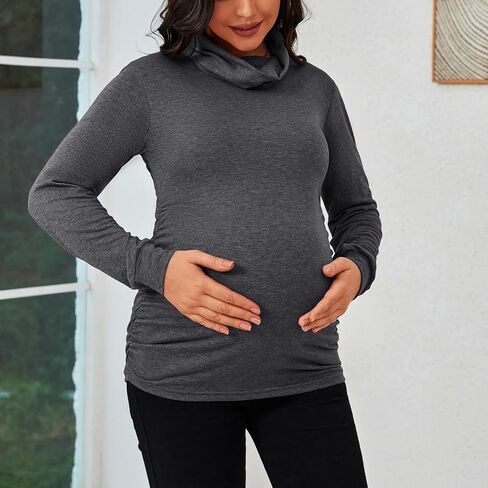GINKANA ملابس الأمومة طويلة الأكمام الياقة المدورة مريحة عالية الرقبة عادية الأمومة البلوز الخريف الحمل قمصان بلوزة الملابس in Kuwait