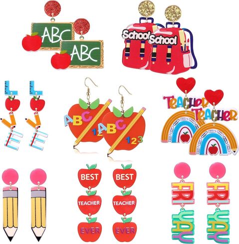 6/8 Pairs Teacher Earrings Acrylic Rainbow Pencil Book Drop Dangle Earrings Colorful Math Teacher Earrings Back To School Jewelry Teacher Appreciation Gifts in Kuwait