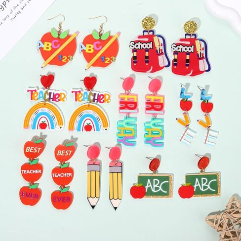 6/8 Pairs Teacher Earrings Acrylic Rainbow Pencil Book Drop Dangle Earrings Colorful Math Teacher Earrings Back To School Jewelry Teacher Appreciation Gifts in Kuwait