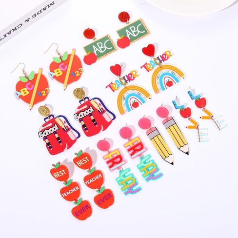 6/8 Pairs Teacher Earrings Acrylic Rainbow Pencil Book Drop Dangle Earrings Colorful Math Teacher Earrings Back To School Jewelry Teacher Appreciation Gifts in Kuwait