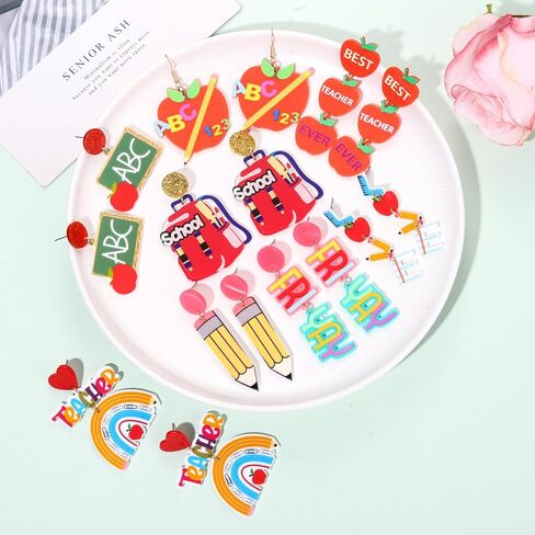 6/8 Pairs Teacher Earrings Acrylic Rainbow Pencil Book Drop Dangle Earrings Colorful Math Teacher Earrings Back To School Jewelry Teacher Appreciation Gifts in Kuwait