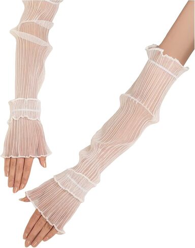 GORGLITTER Women's Mesh Sheer Ruched Arm Sleeves Ruffle Hem Gloves in Kuwait