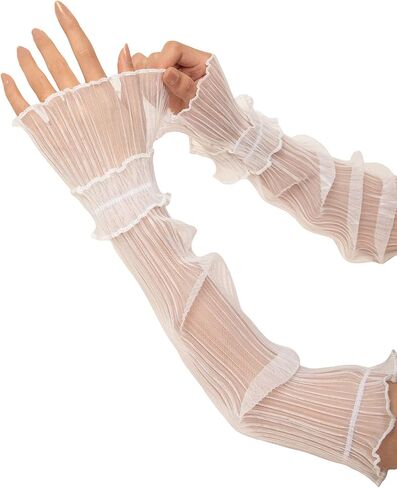 GORGLITTER Women's Mesh Sheer Ruched Arm Sleeves Ruffle Hem Gloves in Kuwait