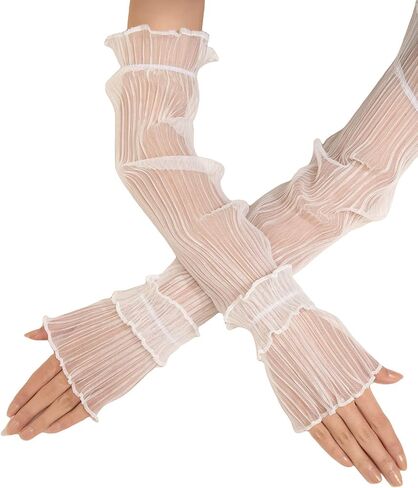 GORGLITTER Women's Mesh Sheer Ruched Arm Sleeves Ruffle Hem Gloves in Kuwait
