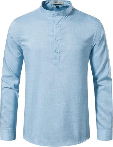 تي شيرت BEILU رجالي من الكتان Henley بأكمام طويلة وخفيف الوزن كاجوال للشاطئ in Saudi Arabia