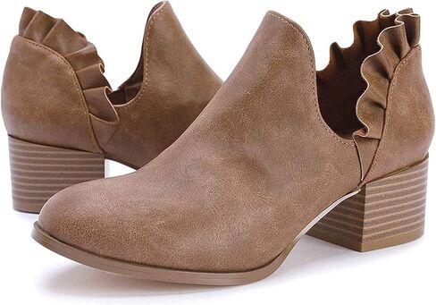 Fashare Womens Fall Cutout Booties Ankle Heels Low Stacked Ruffle Slip On Dress Short Boots Shoes in Saudi Arabia