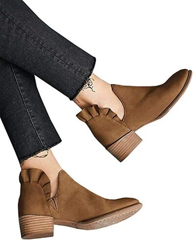 Fashare Womens Fall Cutout Booties Ankle Heels Low Stacked Ruffle Slip On Dress Short Boots Shoes in Saudi Arabia