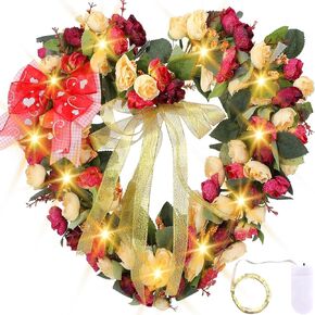 Jexine Valentine's Day Wreath, 14 Inch Heart Shaped Garland Art Simulation Rose Flower Wreath Red Wreath with Bow and 20 LED String Lights for Front Door Home Wedding Outdoor Hanging (Burgundy Yellow) in Saudi Arabia