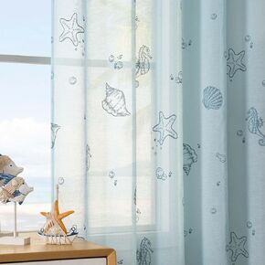 jinchan White Ruffled Sheer Valance Curtain Coastal Themed Kitchen Valance for Cabinet Small Window Living Room Light Filtering Seashell Starfish Printed Farmhouse Half Window Curtain 18 Inch 1 Panel in Kuwait