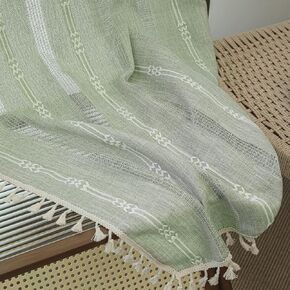 Boho Farmhouse Semi Blackout Curtains for Bedroom Living Room , 2 Panels 84 inches Length Sage green Vintage Embroidery Striped Bohemian Linen Window Curtains With Tassel (52"W x 84"L Sage Green) in Saudi Arabia