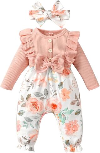 ملابس خريفية للفتيات حديثي الولادة من Ptomurs بذلة رومبير بأكمام طويلة مكشكشة + مجموعة عصابة رأس in Kuwait