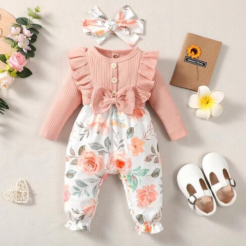 ملابس خريفية للفتيات حديثي الولادة من Ptomurs بذلة رومبير بأكمام طويلة مكشكشة + مجموعة عصابة رأس in Kuwait