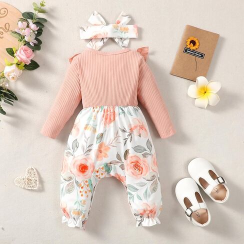 ملابس خريفية للفتيات حديثي الولادة من Ptomurs بذلة رومبير بأكمام طويلة مكشكشة + مجموعة عصابة رأس in Kuwait