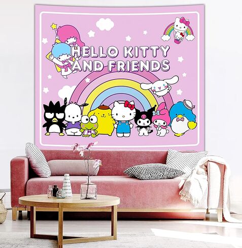 نسيج مرحبا كيتي والأصدقاء-ملصق مرحبا كيتي-ديكور غرفة سانريو-مستلزمات حفلات كاواي-ديكور غرفة الأطفال نسيج-ديكورات عيد ميلاد أنيمي نسيج 60 × 50 بوصة in Kuwait