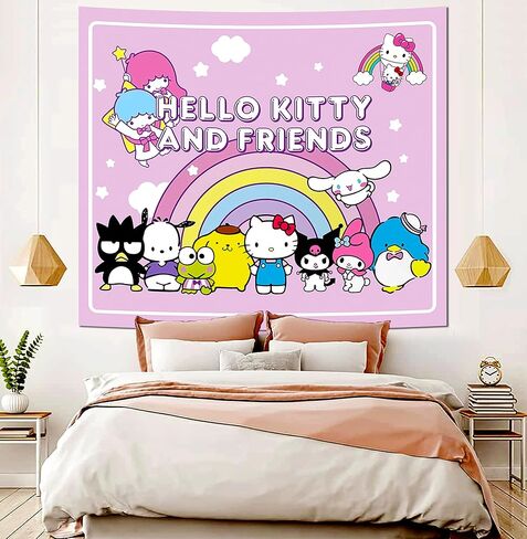 نسيج مرحبا كيتي والأصدقاء-ملصق مرحبا كيتي-ديكور غرفة سانريو-مستلزمات حفلات كاواي-ديكور غرفة الأطفال نسيج-ديكورات عيد ميلاد أنيمي نسيج 60 × 50 بوصة in Kuwait