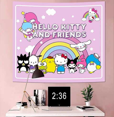نسيج مرحبا كيتي والأصدقاء-ملصق مرحبا كيتي-ديكور غرفة سانريو-مستلزمات حفلات كاواي-ديكور غرفة الأطفال نسيج-ديكورات عيد ميلاد أنيمي نسيج 60 × 50 بوصة in Kuwait