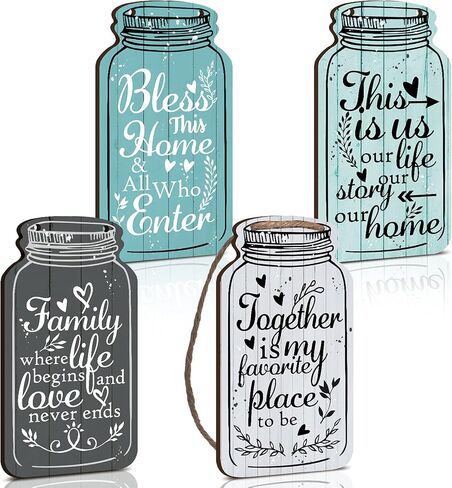 Jetec 4 Pieces Mason Jar Wall Hanging Plaque Bless This Home Sign This is us Together Family Home Rustic Farmhouse Hanging Decor Sign for Home Living Room Coffee Bar Kitchen Office Housewarming in Saudi Arabia