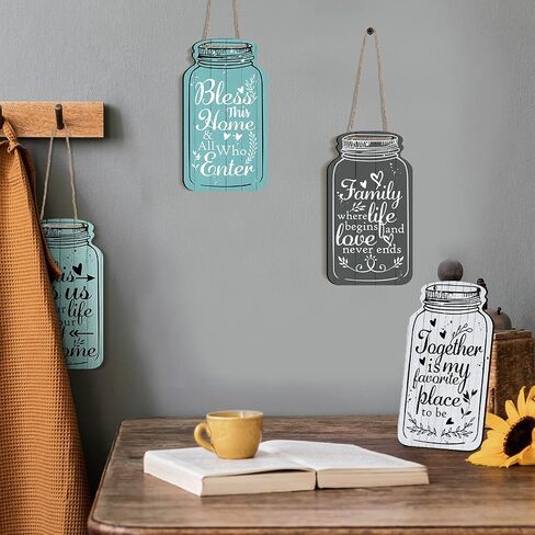 Jetec 4 Pieces Mason Jar Wall Hanging Plaque Bless This Home Sign This is us Together Family Home Rustic Farmhouse Hanging Decor Sign for Home Living Room Coffee Bar Kitchen Office Housewarming in Saudi Arabia