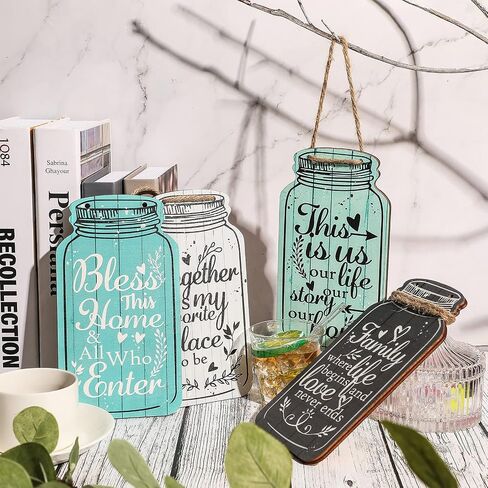 Jetec 4 Pieces Mason Jar Wall Hanging Plaque Bless This Home Sign This is us Together Family Home Rustic Farmhouse Hanging Decor Sign for Home Living Room Coffee Bar Kitchen Office Housewarming in Saudi Arabia