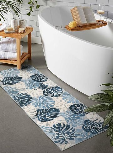 Wonnitar Leaf 2x3 Kitchen Rug,Small Bathroom Blue Rug,Washable Bedside Accent Mat,Monstera Plant Coastal Non-Shedding Soft Entryway Floor Carpet for Laundry Room Entrance Bath in Saudi Arabia