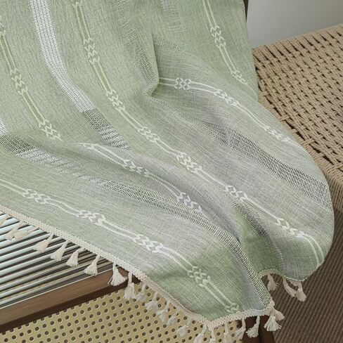 Boho Farmhouse Semi Blackout Curtains for Bedroom Living Room , 2 Panels 84 inches Length Sage green Vintage Embroidery Striped Bohemian Linen Window Curtains With Tassel (52"W x 84"L Sage Green) in Saudi Arabia