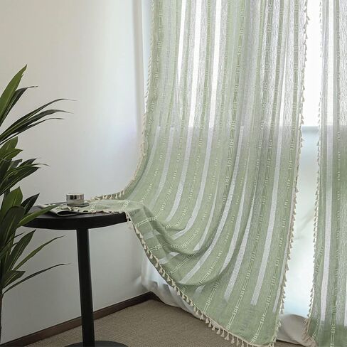 Boho Farmhouse Semi Blackout Curtains for Bedroom Living Room , 2 Panels 84 inches Length Sage green Vintage Embroidery Striped Bohemian Linen Window Curtains With Tassel (52"W x 84"L Sage Green) in Saudi Arabia